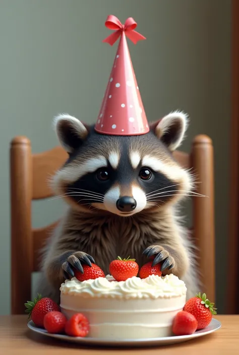 A realistic raccoon sitting on a chair and wearing a birthday hat eating a white frosting cake with strawberries