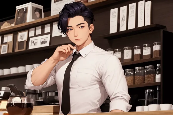 A man with midnight hair and eyes shining like moonlight. A high nose and slanted eyes. A well sculpted face and a body of an athlete. A handsome asian/european barista.