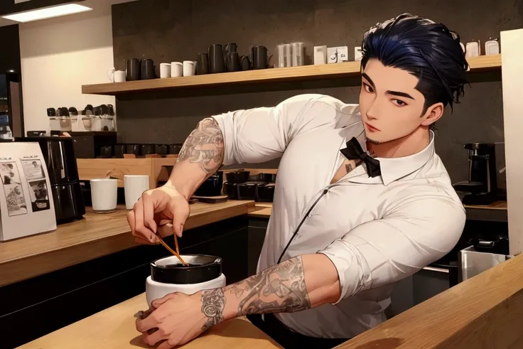 A man with midnight hair and eyes shining like moonlight. A high nose and slanted eyes. A well sculpted face and a body of an athlete. A handsome asian/european barista.