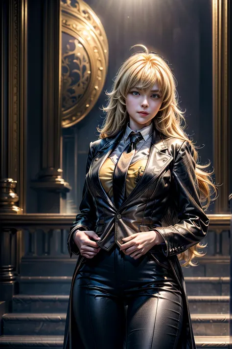 masterpiece,best quality,1girl,yang xiao long,ahoge,blonde hair, ahoge, purple eyes,large breasts,(formal,tuxedo,black coat,black pants,yellow necktie),light smile,standing,cowboy shot, standing inside huge palace, stairway,  (masterpiece,stunning girlfrie...