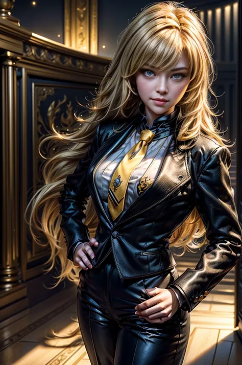 masterpiece,best quality,1girl,yang xiao long,ahoge,blonde hair, ahoge, purple eyes,large breasts,(formal,tuxedo,black coat,black pants,yellow necktie),light smile,standing,cowboy shot, standing inside huge palace, stairway,  (masterpiece,stunning girlfrie...