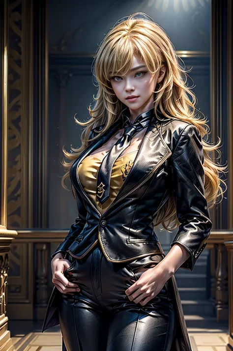 masterpiece,best quality,1girl,yang xiao long,ahoge,blonde hair, ahoge, purple eyes,large breasts,(formal,tuxedo,black coat,black pants,yellow necktie),light smile,standing,cowboy shot, standing inside huge palace, stairway,  (masterpiece,stunning girlfrie...