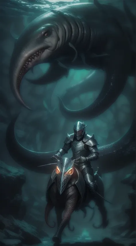 futuristic image, full body general photo, majicMIX horror model ,CeltaPunkAI,Biopunk 2 , A hybrid woman with a shark. ((alone)) He wears silver armor and a patterned helmet...... , Riding a giant octopus , You can see his legs inserted in stirrups tied to...