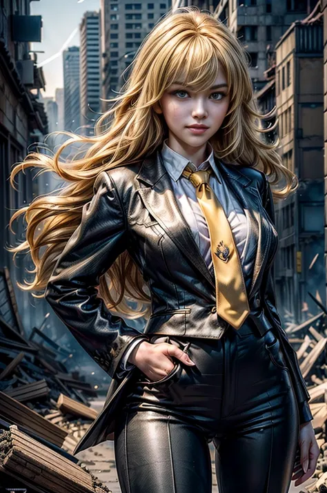 masterpiece,best quality,1girl,yang xiao long,ahoge,blonde hair, ahoge, purple eyes,large breasts,(formal,tuxedo,black pants,yellow necktie),light smile,standing,cowboy shot, night, stars, walking in post apocalyptic city, buildings in ruins, debris, bonfi...