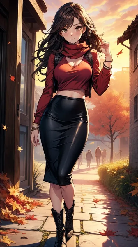 ((((masterpiece, best quality:1.8, high detail)))), beautiful woman, bright brown eyes, smile, solo focus, (((medium breasts))), long wavy hair, ((dark hair)), ((red t-shirt v neck long sleeves)), casual shirt, white ((scarf)), ((black midi pencil ((skirt)...