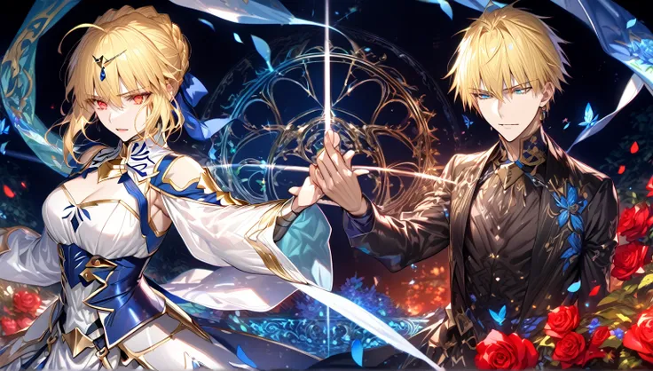 absurdres, highres, ultra detailed, HDR, master piece, best quality, extremely detailed, detailed eyes, detailed face, Gilgamesh, blonde hair, expressive red eyes, Fate Grand Order, Artoria Pendragon, Saber, blonde hair, expressive turquoise eyes, handsome...