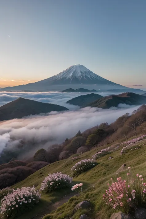 "An isolated Japanese flower in focus, blooming against a serene backdrop of distant mountains and mist, emphasizing its rarity with soft glowing edges."