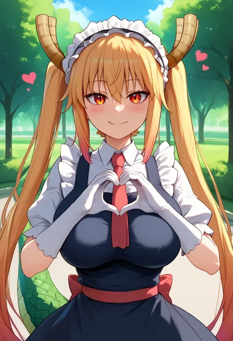 (masterpiece), (Best quality), (Very detailed), (high resolution), (8Khighres), (cel anime), (detailed beautiful face and eyes), (textile shading), (upper body), (Park), tohru, long hair, bangs, blonde hair, hair between eyes, twintails, very long hair, mu...