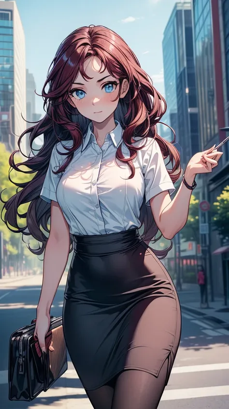 ((((masterpiece, best quality:1.8, high detail)))), beautiful business woman (walking), bright blue eyes, shy, solo focus,, long ((wavy hair)), ((dark burgundy hair)), hairpin, ((white collar shirt short sleeves)), (gray midi pencil ((skirt))), ((long skir...