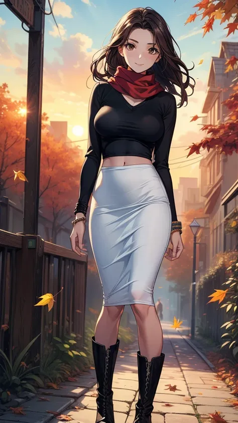 ((((masterpiece, best quality:1.8, high detail)))), beautiful woman, bright brown eyes, smile, solo focus, (((medium breasts))), long wavy hair, ((dark hair)), ((red t-shirt v neck long sleeves)), casual shirt, white ((scarf)), ((black midi pencil ((skirt)...