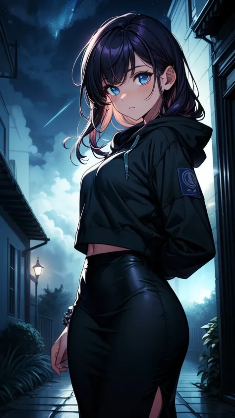 ((((masterpiece, best quality:1.8, high detail)))), beautiful woman, bright blue eyes, solo focus, long wavy hair, ((dark purple hair)), ((blue hoodie)), (black midi pencil ((skirt))), (((long black skirt))), slim body, bracelet, sidewalk, garden, leaves, ...