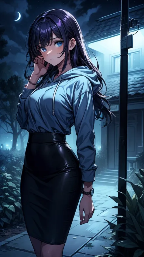 ((((masterpiece, best quality:1.8, high detail)))), beautiful woman, bright blue eyes, solo focus, long wavy hair, ((dark purple hair)), ((blue hoodie)), (black midi pencil ((skirt))), (((long black skirt))), slim body, bracelet, sidewalk, garden, leaves, ...