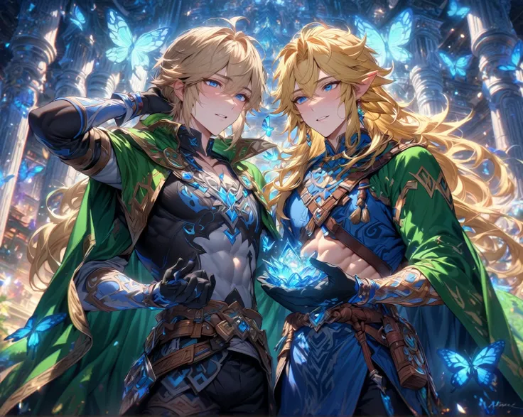 absurdres, highres, ultra detailed, HDR, master piece, Link, blonde hair, green hat, expressive blue eyes, blue clothes, Link, blonde hair, expressive blue eyes, blue clothes, two man together, gay couple, yaoi, in love, best quality, The Legend Of Zelda (...