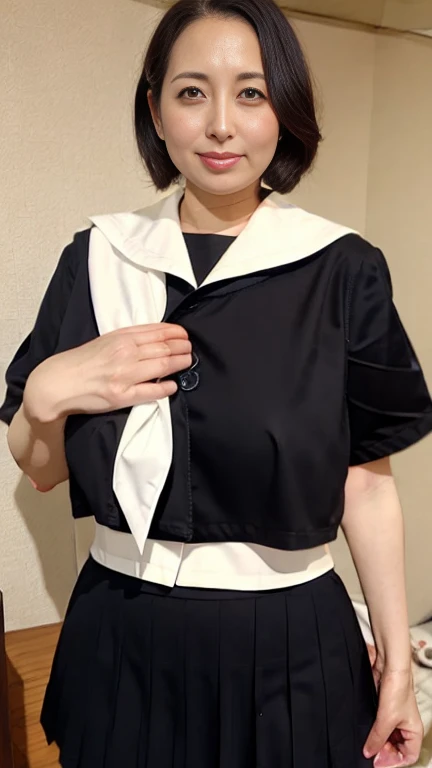 （（（１People Women）））、（（（40 years old）））、Japanese、Black Hair、Short Hair、ponytail、（（（smile）））、（（Perfect Anatomy））、Plump、（（（Perfect Fingers）））、（（（Saggy breasts:2.0）））、（（（Huge breasts:1.8）））、SFW Big Breasts、Big Breasts、Huge breasts、Long chest、（（（Fetish breasts:...