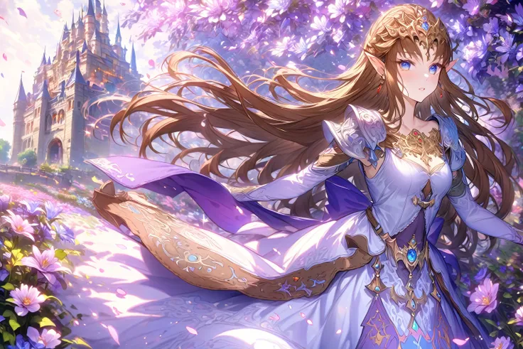 absurdres, highres, ultra detailed, HDR, master piece, Zelda, brown hair, expressive blue eyes, white and purple dress, woman, best quality, The Legend Of Zelda (Twilight Princess), fantasy, magical, sensual, glittering, accessories, extremely beautiful, d...