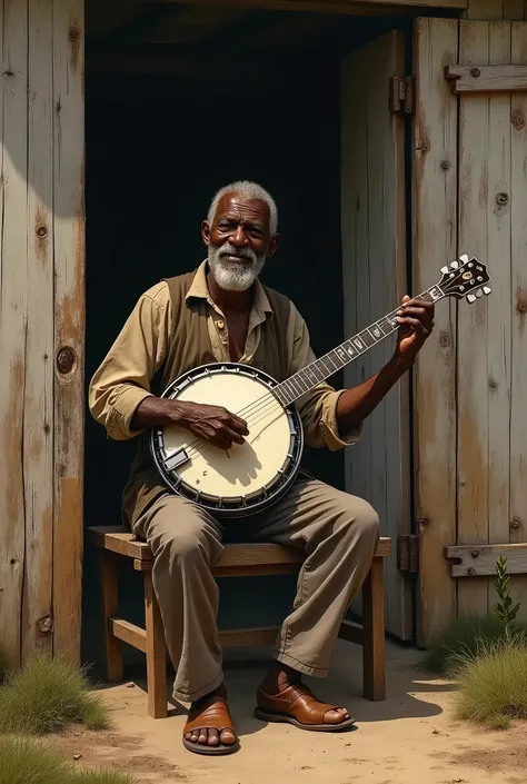 Elderly black man bald with few teeth in his mouth he is playing the banjo he is from the time of slavery he is playing at the farm gate sitting on a bench he worked for years on this farm 