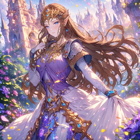 absurdres, highres, ultra detailed, HDR, master piece, Zelda, brown hair, expressive blue eyes, white and purple dress, woman, best quality, The Legend Of Zelda (Twilight Princess), fantasy, magical, sensual, glittering, accessories, extremely beautiful, d...