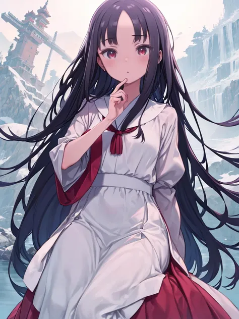 ((masterpiece)),(Best Quality), Sadako_Mountain village,Red eyes, White Dress,((Gosgal)), wearing a Gosgal outfit,