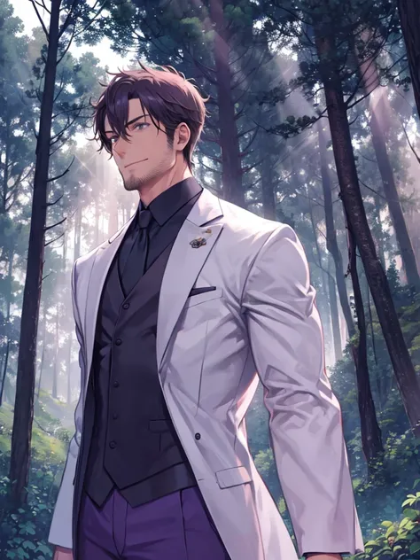 （Absurd，High resolution，Super detailed），1 man，As an adult，beautiful，Tall muscular man，Broad shoulders，Fine, fine eyes and a fine face，business suit，White coat，In the woods，He was laughing a lot，Rays of sunlight，Rays of sunlight，wedding，Side body，Purple Pan...