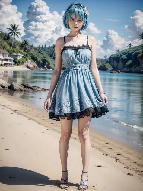 Nico, short blue hair, blue eyes, best quality, casual dress, 1 , High resolution,  full body, wearing a short floral dress with lace, wearing black sandals, on a beach 