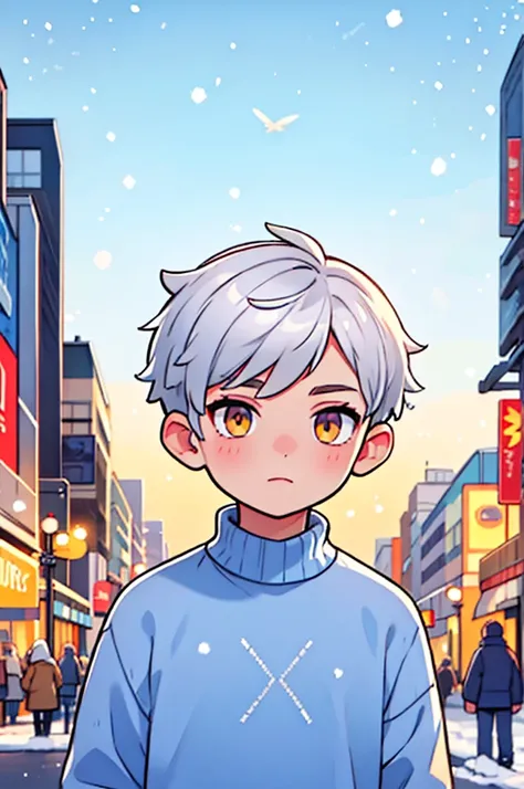 Silver Hair　Short Hair　Golden Eyes　Handsome　man　Blue sweater　Snow Background　City