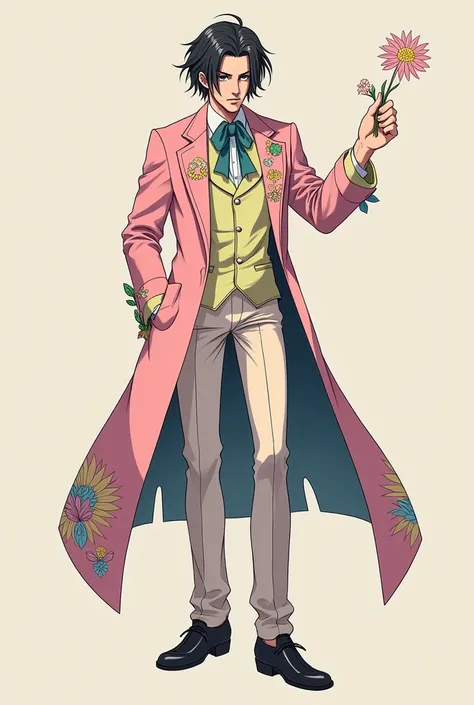 ((best quality)), ((masterpiece)), (detailed), (character concept art), (full length), 1 man, anime attractive villain, head of a sect about nuclear explosions, which disguises itself under cute kawaii images, dressed kawaii, but in the details the creepy ...