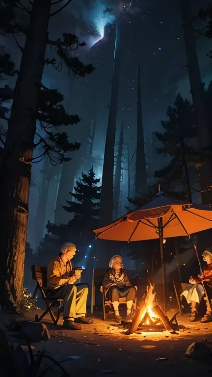 Illustration of a  at night around the campfire, with her grandparents telling fascinating stories about the lost city of Jurupari. The scene should capture the magical atmosphere, with the flames dancing and shadows cast on the surrounding trees. 