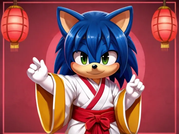 Young furry hedgehog, cute hair covering one eye, cute background, Japanese costume 