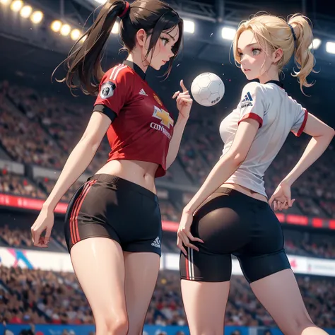 2 girls, in tight sportswear at the gym showing her ass, blonde, pretty with another girl in soccer clothes tight shorts sweaty t-shirt of a famous soccer team (manchester united) showing ass dark hair both in a football stadium, Their asses are together f...