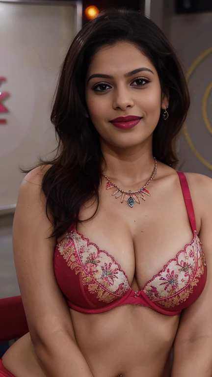 day scene, close up photo of sona nair seducing in a news studio, perfect figure, swooping breasts in bra, deep cleavage, french...