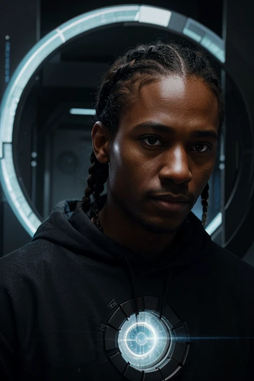 Vortex portal on the wall. Create a realistic depiction of a black man with thin braids flowing back into ponytail staring into a bright vortex portal on the wall of his lab. He is wearing a long plain dark hoodie sweater and has  blue eyes. The setting is...