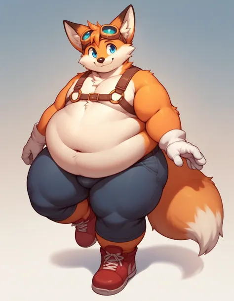 obese tails_boom, solo, obese body, smile, blue eyes, gloves, 1boy, animal ears, male focus, white gloves, fox ears, , goggles, ...