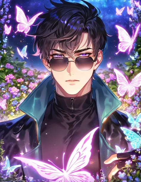 absurdres, highres, ultra detailed, HDR, master piece, best quality, detailed eyes, detailed face, delicated features, Yo Jonghyuk, black hair, expressive purple eyes, Trigun Stampede, solo, sexy man, handsome, black leather coat, tight black shirt, black ...