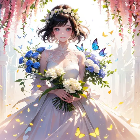 (masterpiece、Best Quality、Best Quality、Beautiful and beautiful:1.2)、(Excellent anatomy:1.5)、Milky white straight hair girl、Butterfly Fairy、Floral Costume、A radiant smile、Shining Eyes、Looking into the camera、Flower head and leaves、Holding a bouquet、Rose Gar...