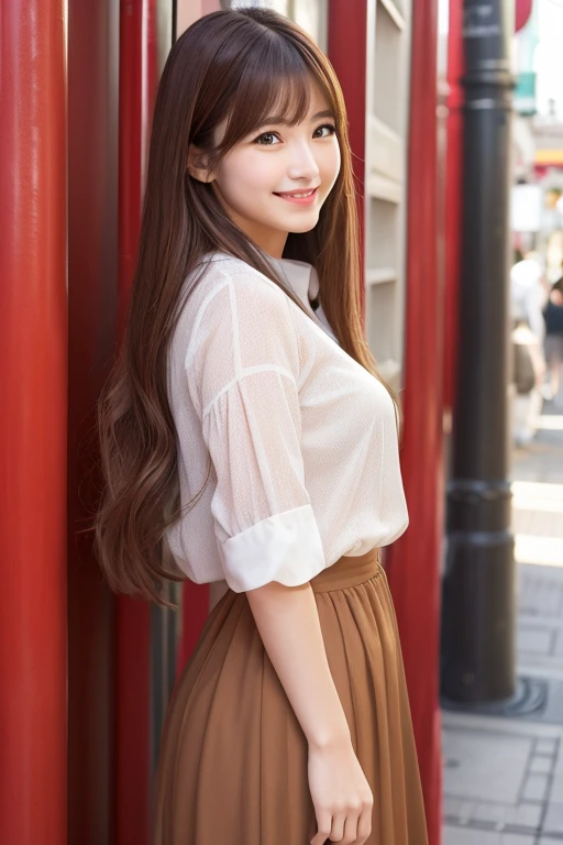 High resolution, Long Hair, bangs, Brown Hair、smile, Adult women、chest, 
Asakusa、Model body type、Height: 168cm、Long skirt、blouse、Young lady、