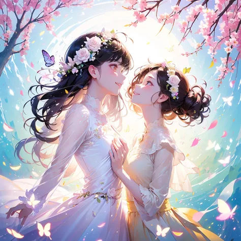 (masterpiece、Highest quality、Highest quality、Beautiful and beautiful:1.2)、(Perfect Anatomy:1.2)、Milky white straight hair girl、Butterfly Fairy、Floral costume、A radiant smile、Looking up at the sky、pray。、Flowers and leaves on head、Rose flowers blooming profu...