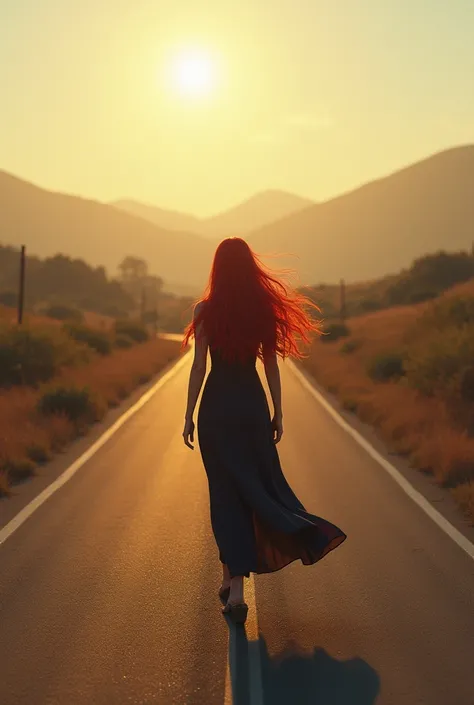 Long red hair woman from behind walking towards a crossroads