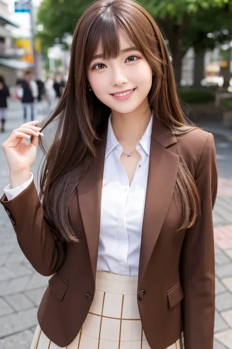 High resolution, Long Hair, bangs, Brown Hair、smile, 20-year-old woman、chest, 
Asakusa、Model body type、Height: 168cm、、Skirt Suit、　Beautiful Face、
