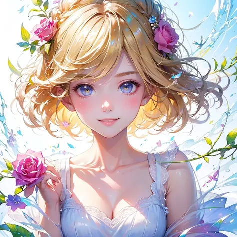 (masterpiece、Best Quality、Best Quality、Beautiful and beautiful:1.2)、Excellent anatomy、（Watercolor painting 1.5）、Long Shot、straight short hair images、Gold Hair Color, Beautiful Face、Beautiful Smile, I look at you shyly,A gentle gaze, Rose FairyFairyButterfl...