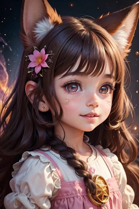 a small girl toddler with cheerful expression, brown hair, pink eyes, short fox ears, surrounding cosmic energy, highly detailed face, detailed portrait, beautiful detailed eyes, beautiful detailed lips, extremely detailed eyes and face, long eyelashes, ph...