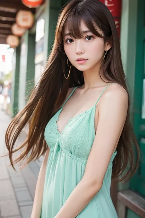 High resolution, Long Hair, bangs, Brown Hair、 20-year-old woman、chest, 
Asakusa、Model body type、Height: 168cm、Mint colored one piece、　Beautiful Face、
tears, 