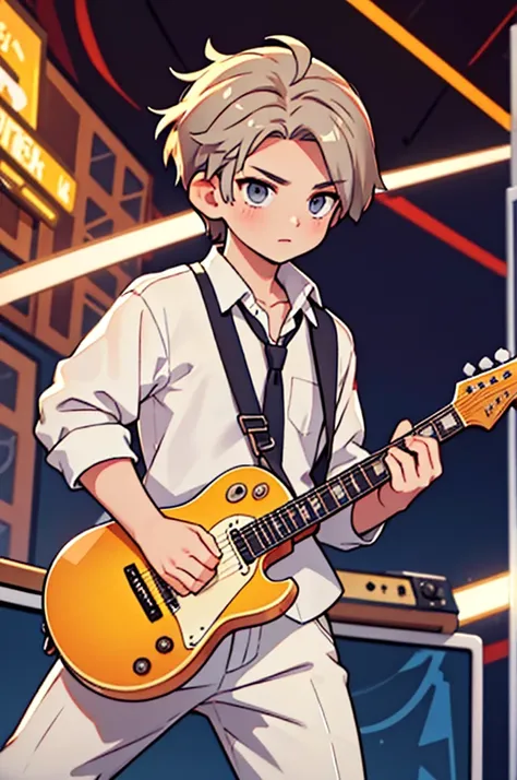 Bronze colored hair　Short Hair　Grey Eyes　Slit eyes　Handsome　man　White shirt　guitar