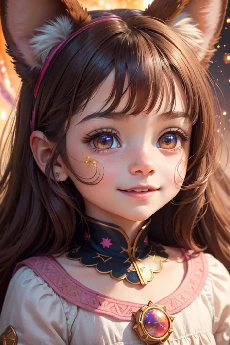 a small girl toddler with cheerful expression, brown hair, vibrant pink eyes, short fox ears, surrounding cosmic energy, highly detailed face, detailed portrait, beautiful detailed eyes, beautiful detailed lips, extremely detailed eyes and face, long eyela...