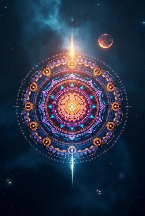 a beautiful and complex colorful mandala floating in the middle of the universe