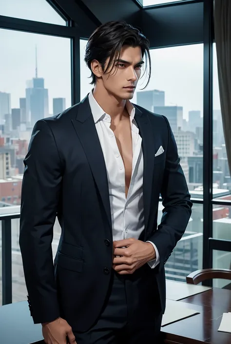 In a towering, glass-walled boardroom high above the city skyline, a tall, lean, muscular man with white skin and a perfectly symmetrical, handsome face stands in a tailored navy-blue suit. His crisp shirt is unbuttoned just enough to show off his sculpted...