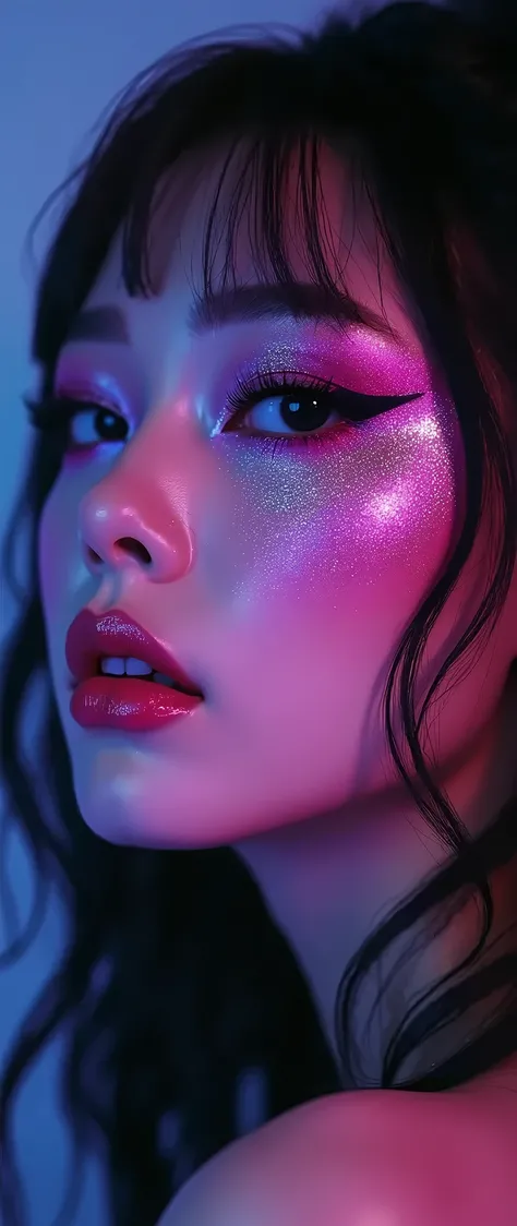 80’s glam rock makeup on shiny android face, anime, 2.5D, Glittery face, moody lighting, (purples, pinks, and blues), iridescent face, abstract ai model with elf ears, pretty, sexy, minimal, sleek, slender, asian, elegant, chic, futuristic, retro, sophisti...