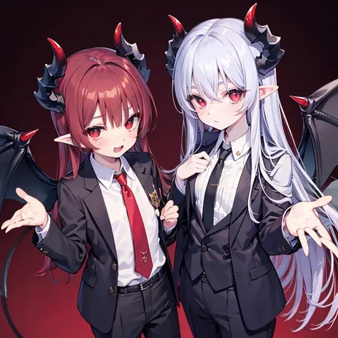 devil、Flat Chest、suit、White shirt、Slightly pointed ears、devilの尻尾、Red eyes、Horn、small