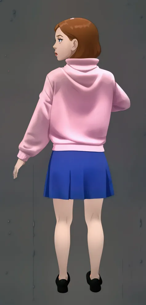 A white skinned girl child, wearing a pink sweater and a blue skirt, with expression/emotion of fear and surprise (Piper Rubio / Abby Schmidt)