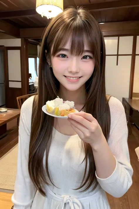 High resolution, Long Hair, bangs, Brown Hair、 20-year-old woman、chest, Model from Tokyo、Height: 168cm、　Beautiful Face、smile, 
Inside the house、Eat the food、Droopy eyes, 