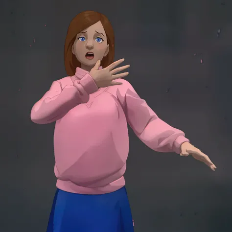 A white skinned girl child, wearing a pink sweater and a blue skirt, with expression/emotion of fear, scared, panic and desperate, open mouth (Piper Rubio / Abby Schmidt)